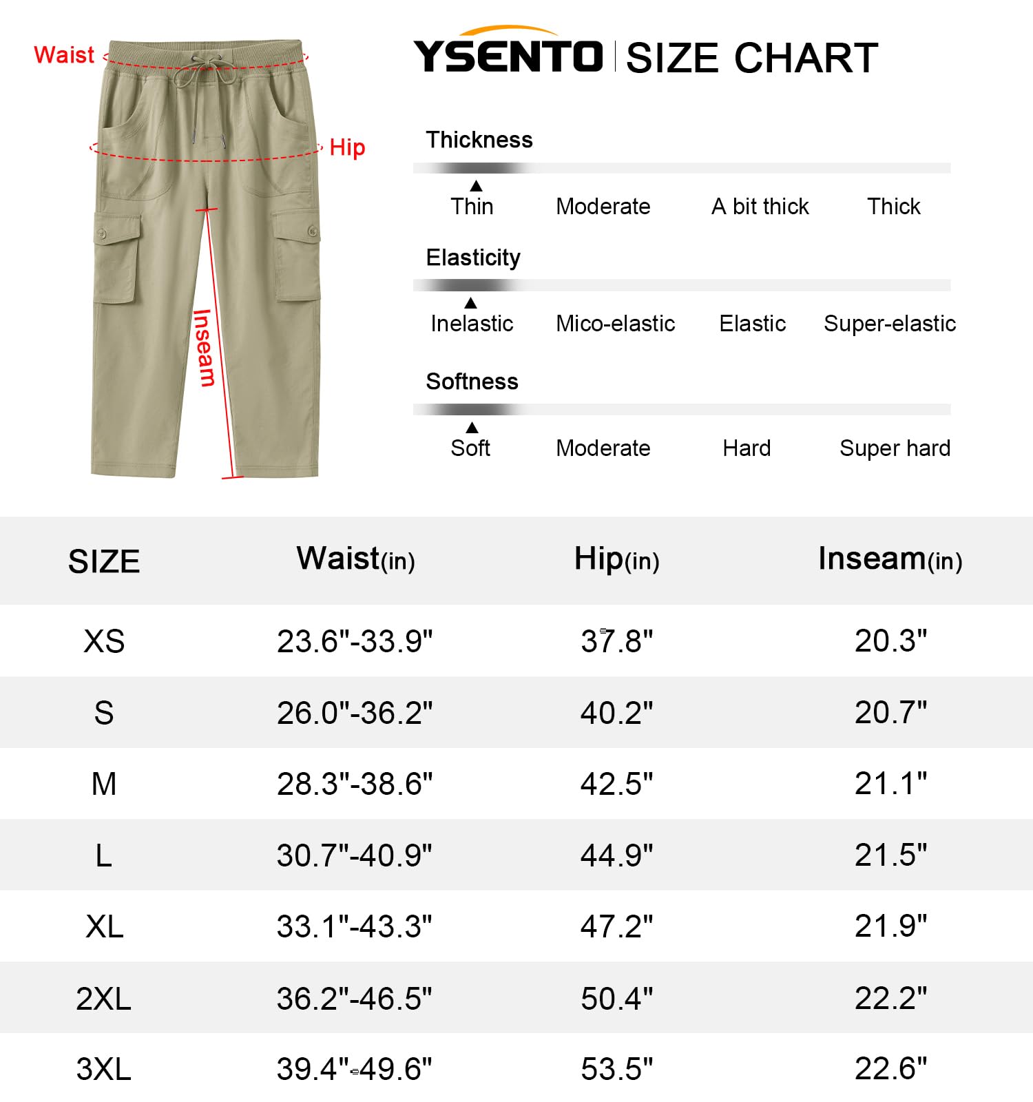 YSENTO Pantalones de senderismo para mujer, pantalones de verano 3/4, pantalones capri, ligeros, elásticos, de trekking, pantalones funcionales