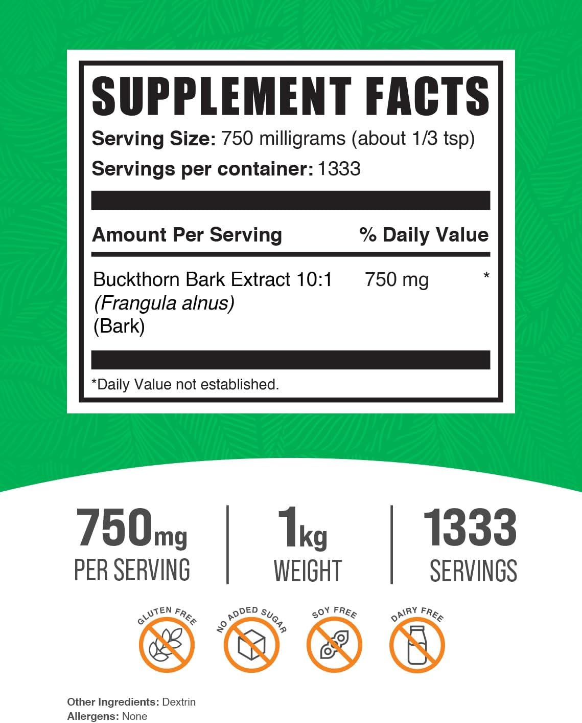BulkSupplements.com Buckthorn Bark Extract Powder - Buckthorn Bark Powder, Herbal Supplement - Vegan & Gluten Free, 750mg per Serving, 1kg (2.2 lbs) (Pack of 1)