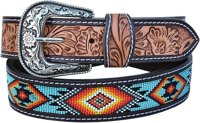 Men's Handmade Beaded Leather Belt Quality Thick Durable Wax Colorful Designs Cowboy Western Style Alloy Classic Fitted Casual Formal Wear in Pant Trouser Jeans Size: W-40-43/L-51in3