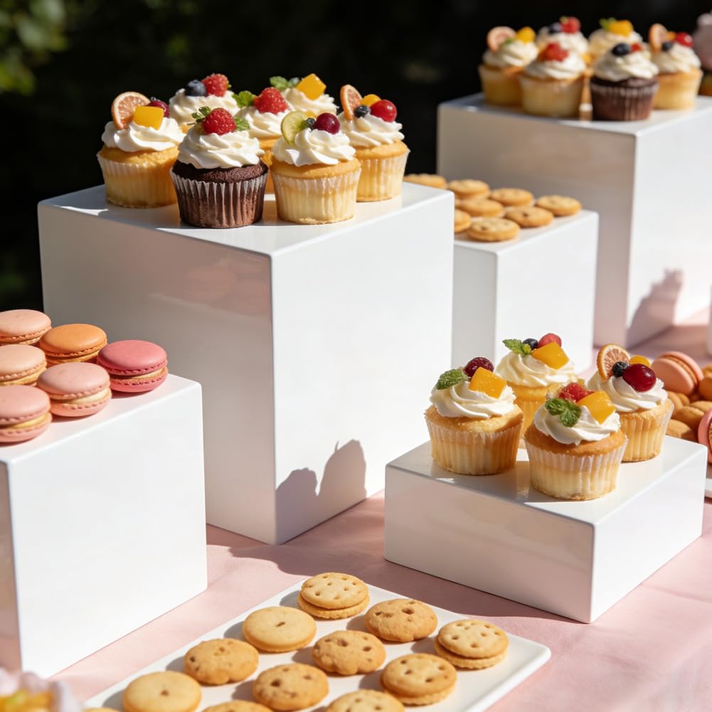Lot de 6 boîtes en acrylique blanc - Support de buffet en acrylique - Présentoir à dessert avec fond creux - Présentoir à aliments - Buffet en acrylique pour desserts, bijoux, présentoir de cubes avec