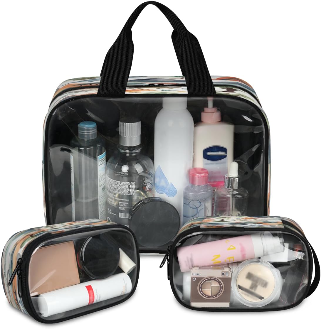 3 Pcs Clear Toiletry Bags for Women (Dinosaurs) | Waterproof, Transparent, PVC & Canvas, Carry On, Bathroom, Gym, Forest Cartoon Dinosaur