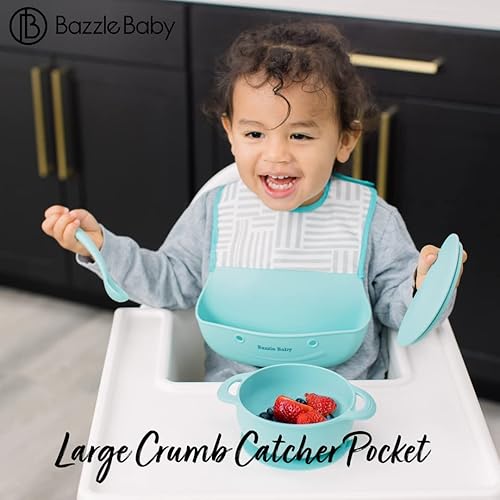 Miniatura 4 de Bazzle Baby Silicone Bib for Baby Food Bib with Crumb Catcher - Waterproof Roll-Up Buttoned Feeding Bib for Baby Eating 2-Pk