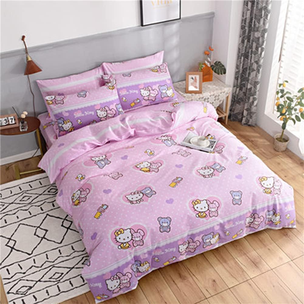 HOLY HOME My Daughter's Birthday Gift Bedding, Hello Kitty Cat Duvet Cover Set 3 Piece Bedclothes Baby Pink, Queen