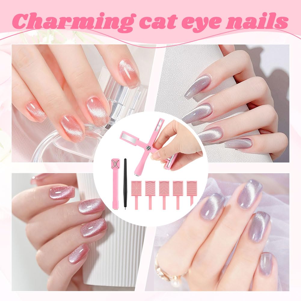 8 in 1 Gel Nail Polish Magnets for Nail Art, 2Pcs Cat Eye Magnet Kit, Strong Magnetic Nails Design Tools for Salon & Home DIY, With Pre-designed Magnetic Sheets(COLOR:Pink)