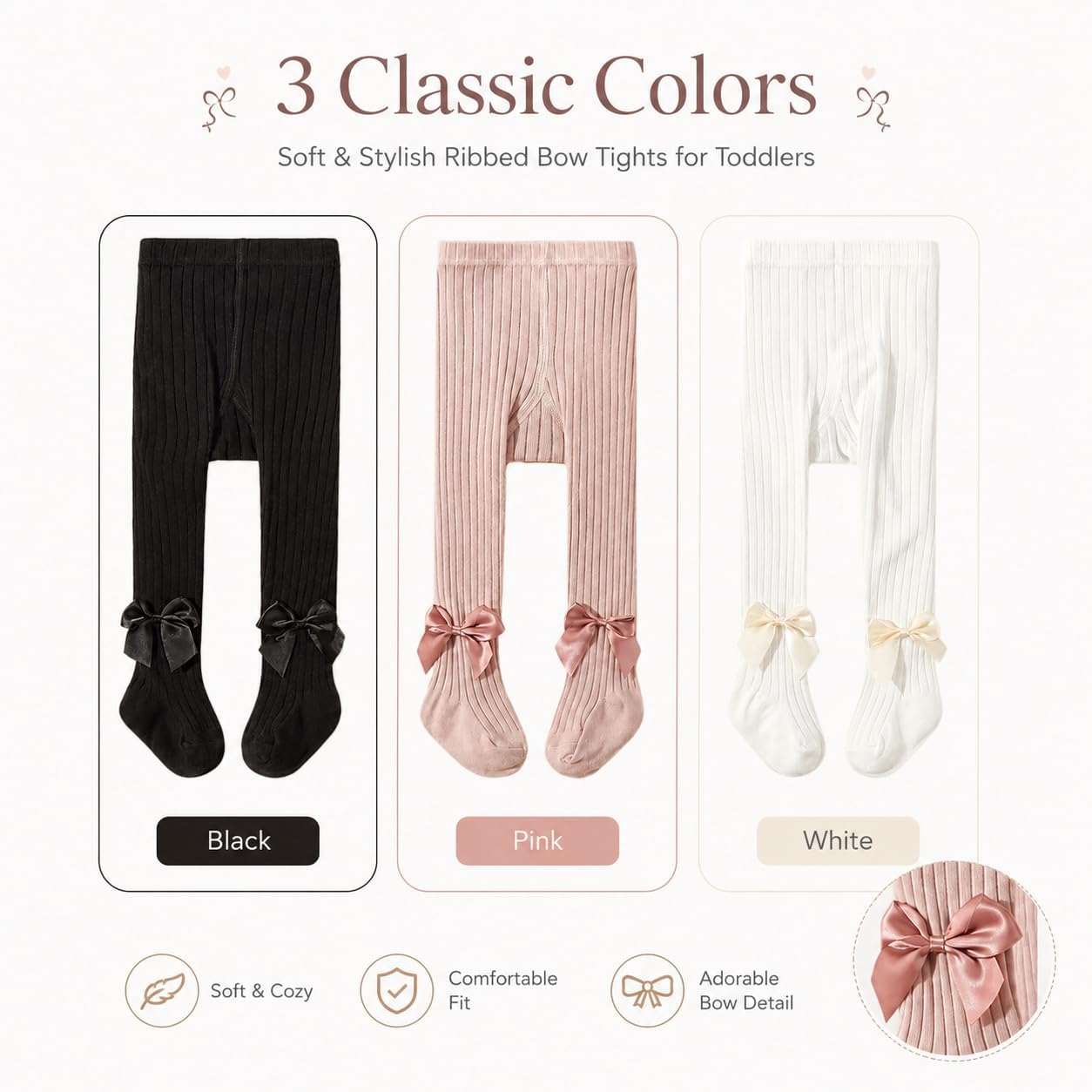 3 Pack Baby Girls Tights with Bow, Soft Non-Slip Pink Kids Stretchy Warm Tights for Infant Toddler Ages 6-12 Months