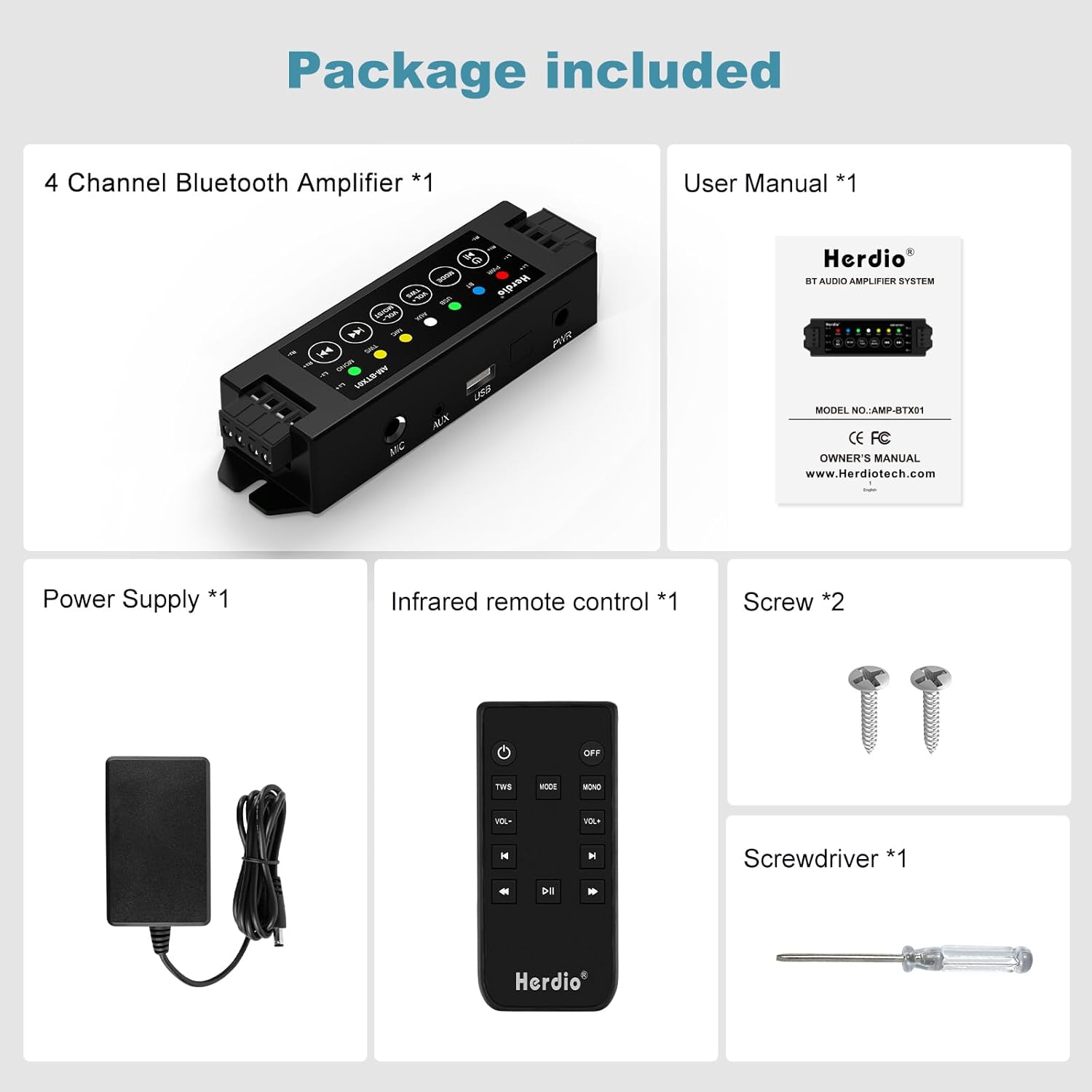 Herdio 4-Channel Bluetooth Amplifier Receiver - 200W Total Power (40W/Channel) with 24V5A Power Supply, IR Remote Control & Power-Off Memory - Ideal for Home, Garage, Ceiling & Passive Speakers