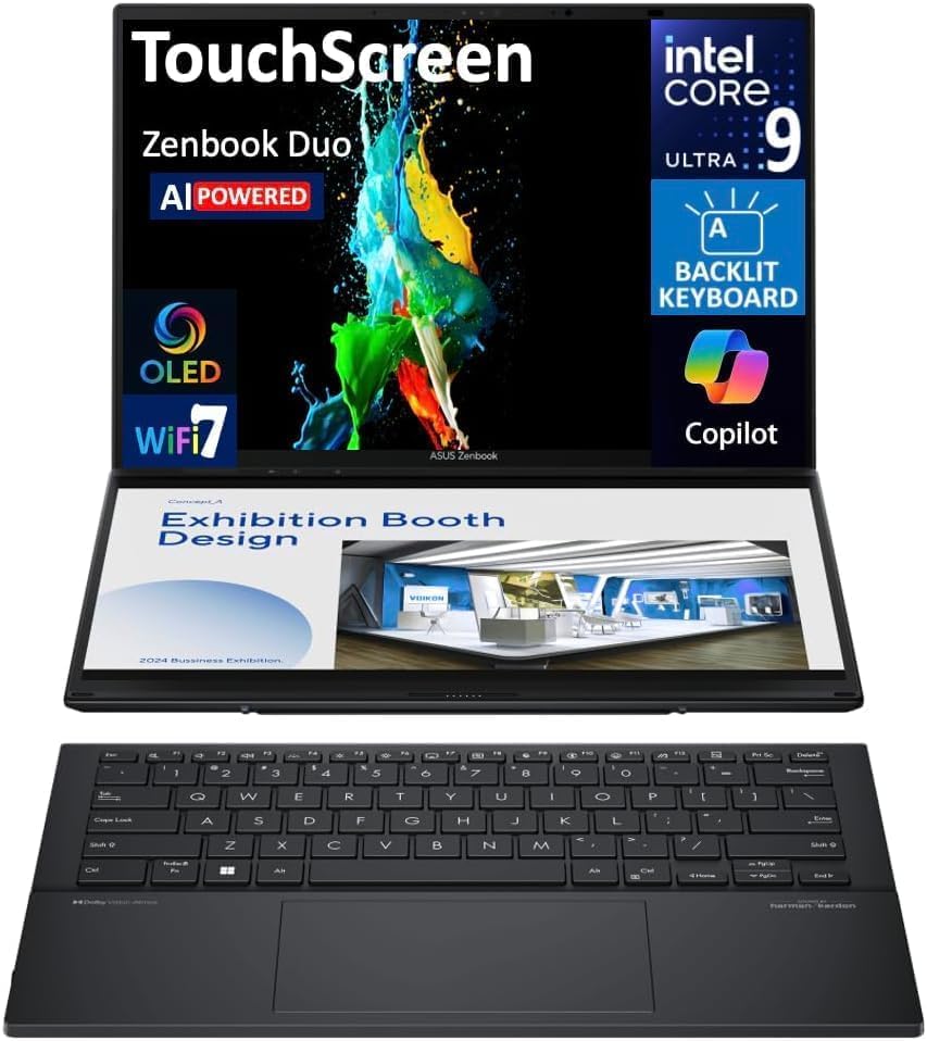 Image of ASUS Zenbook Duo AI Powered 2-in-1 Laptop 14.0 inch Touch OLED WUXGA Display | Intel Ultra 9-285H, 32GB LPDDR5X, 2TB PCIe SSD, 2 Thunderbolt 4, Backlit KB, WiFi 7, Win 11 Home, w /DKZ Hub