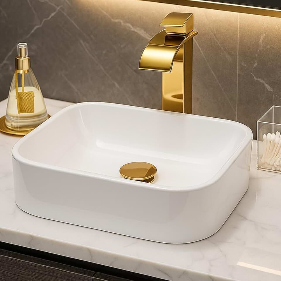 Cuba Para Banheiro de Sobrepor Pia Apoio Lavabo Retangular Mármore Sintético Branca 37cm