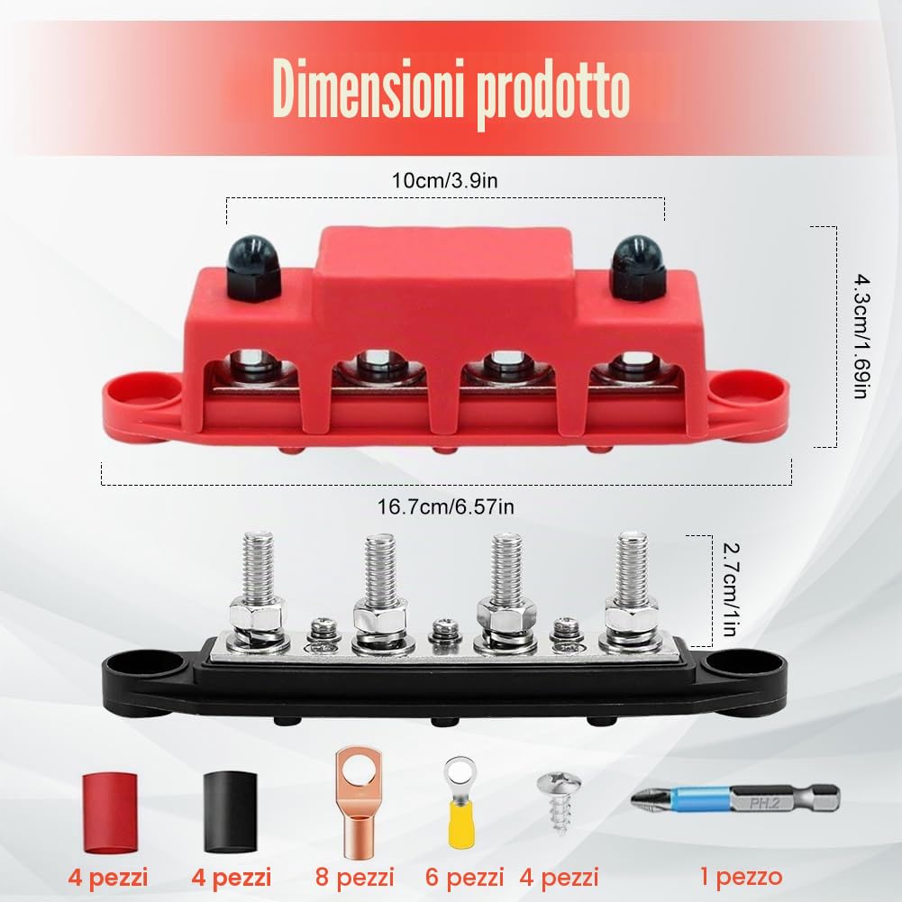 Blocco di distribuzione a 2 binari collettori 12V48V DC con 4 bulloni M8, scatola BuBar da 250 A per auto, camper, barca, yacht