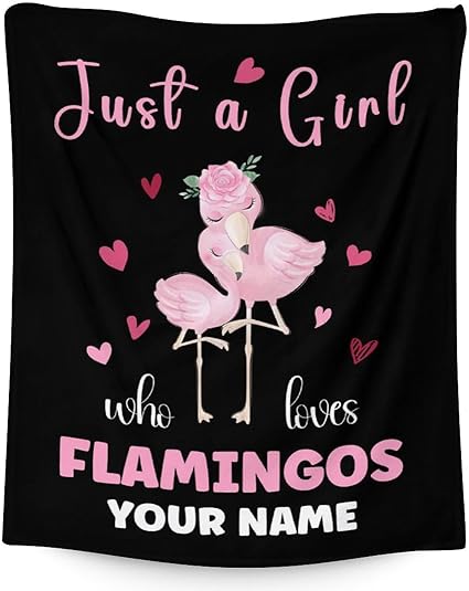 Personalized Flamingo Blanket Gifts with Name - 60x80 Inches Cute Throw for Women & Girls - Black Soft Fuzzy Blankets for Bed, Couch & Living Room