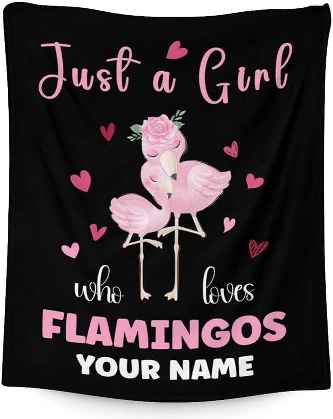 Personalized Flamingo Blanket Gifts with Name - 60x80 Inches Cute Throw for Women & Girls - Black Soft Fuzzy Blankets for Bed, Couch & Living Room