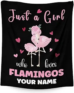 Personalized Flamingo Blanket Gifts with Name - 60x80 Inches Cute Throw for Women & Girls - Black Soft Fuzzy Blankets for Bed, Couch & Living Room