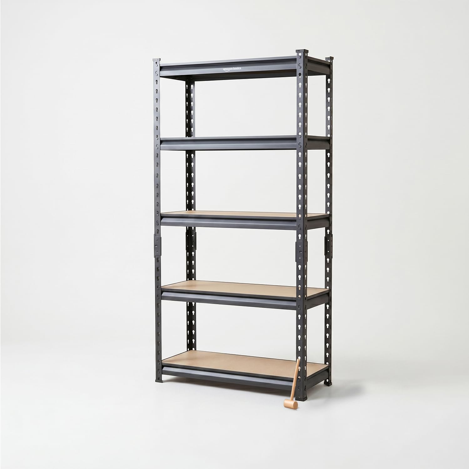 Amazon Basics 5-Tier Storage Rack | Bolt-Free Assembly | Metal Stand & Thick MDF Board | 175kg Capacity Per Shelf | 63H x 24W x 12D inch Adjustable Shelf Rack for Home, Garage & Shop| Black