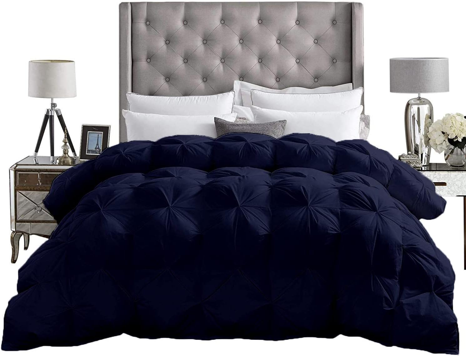 Premium Pintuck Down Alternative Comforter with Corner tabs All Season Bedding 100% Cotton Cover Lightweight,Machine Washable - Duvet Insert-Alaskan King (136"x 120") Navy Blue