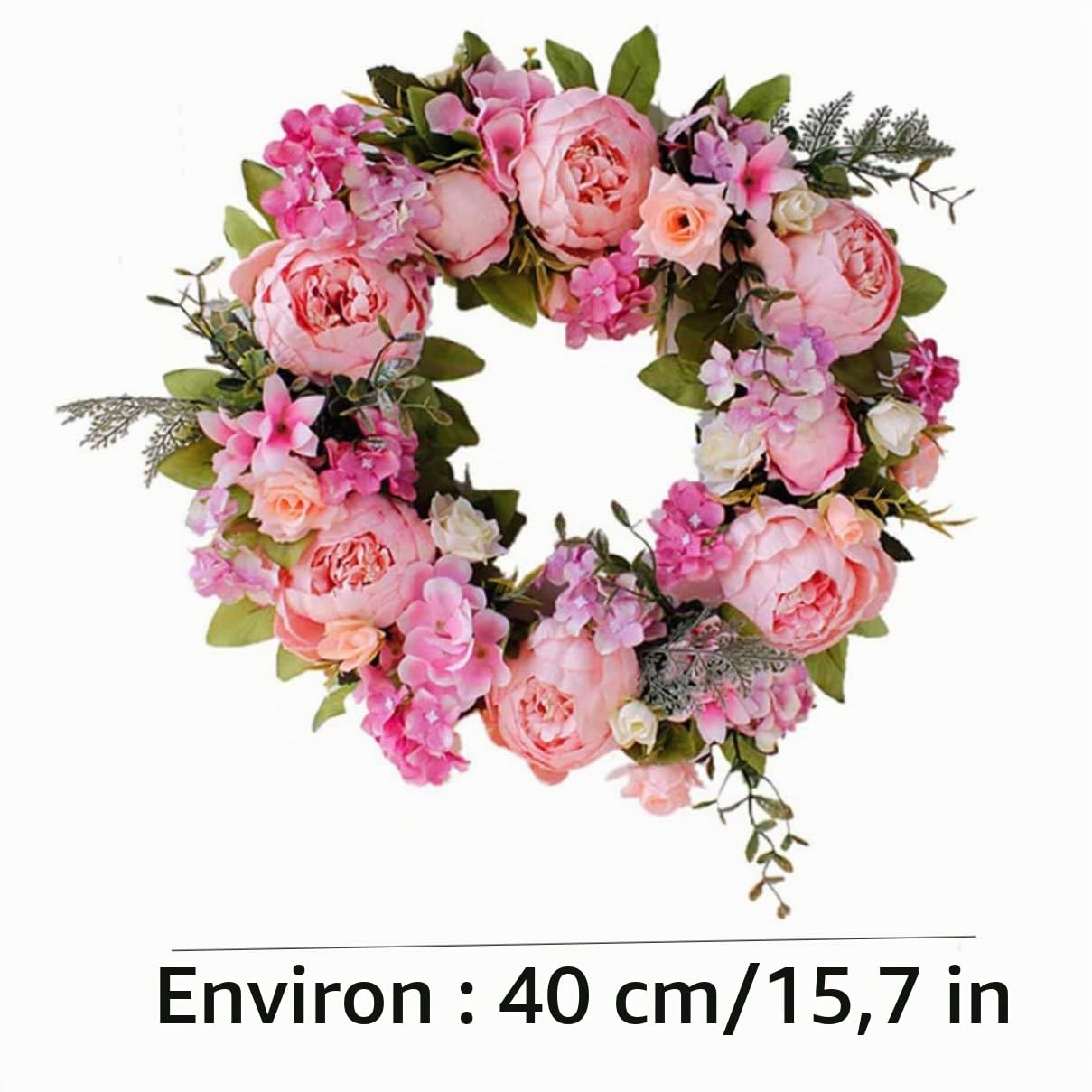 Couronne de porte - Couronne de fleurs - Pivoine artificielle - Couronne en soie - Rose - Décoration pour porte d'entrée - Bureau - Maison - Fête de mariage