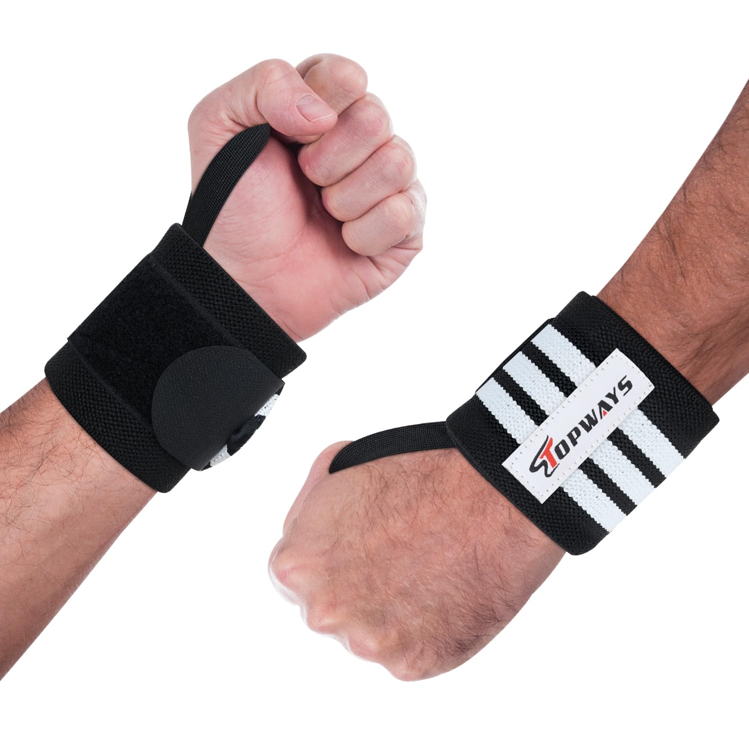 TOPWAYS Power Weight Lifting Wrist, Thumb Loop Gym Straps for Powerlifting, Bodybuilding, Fitness, Gym Training, Workout, Gymnastics, Calisthenicsv (Black & White)