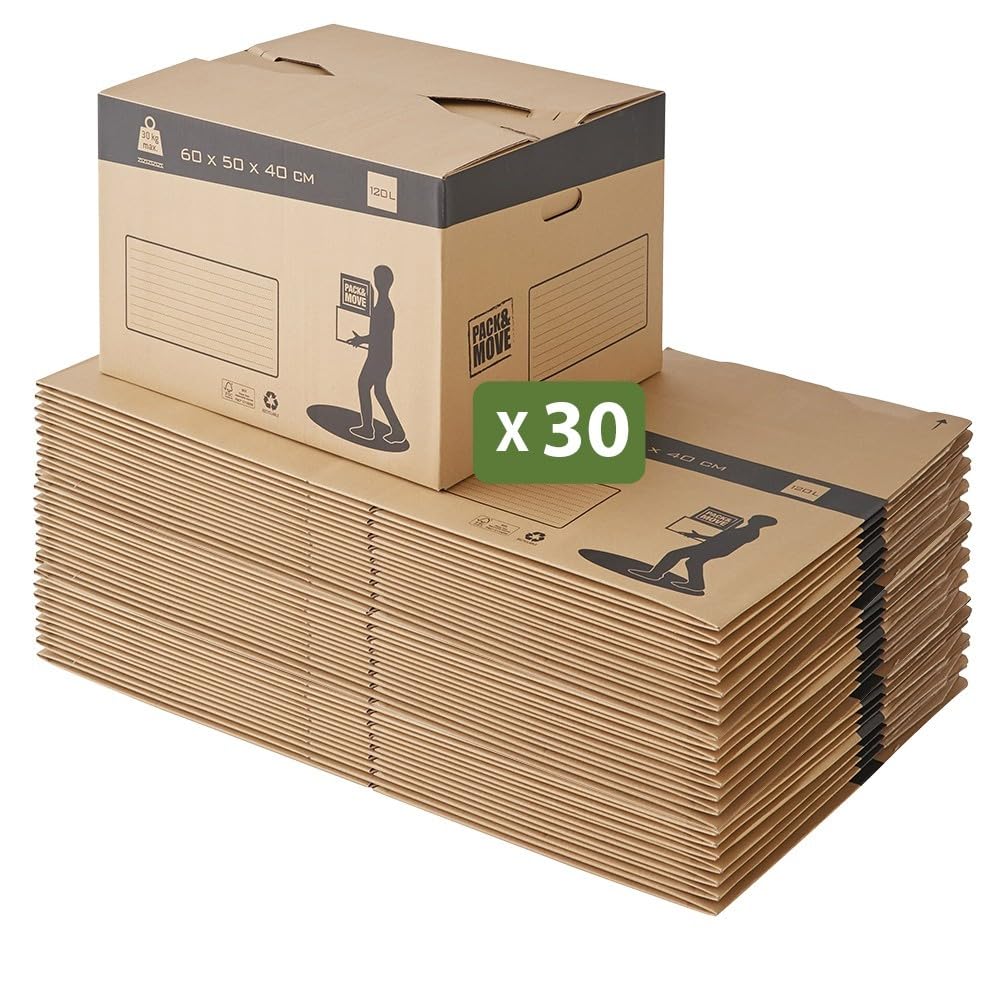 Pack and Move – Opakowanie z 30 automatycznymi kartonami do przeprowadzki – 60 x 50 x 40 cm – wzmocnione uchwyty – wysyłka, przechowywanie
