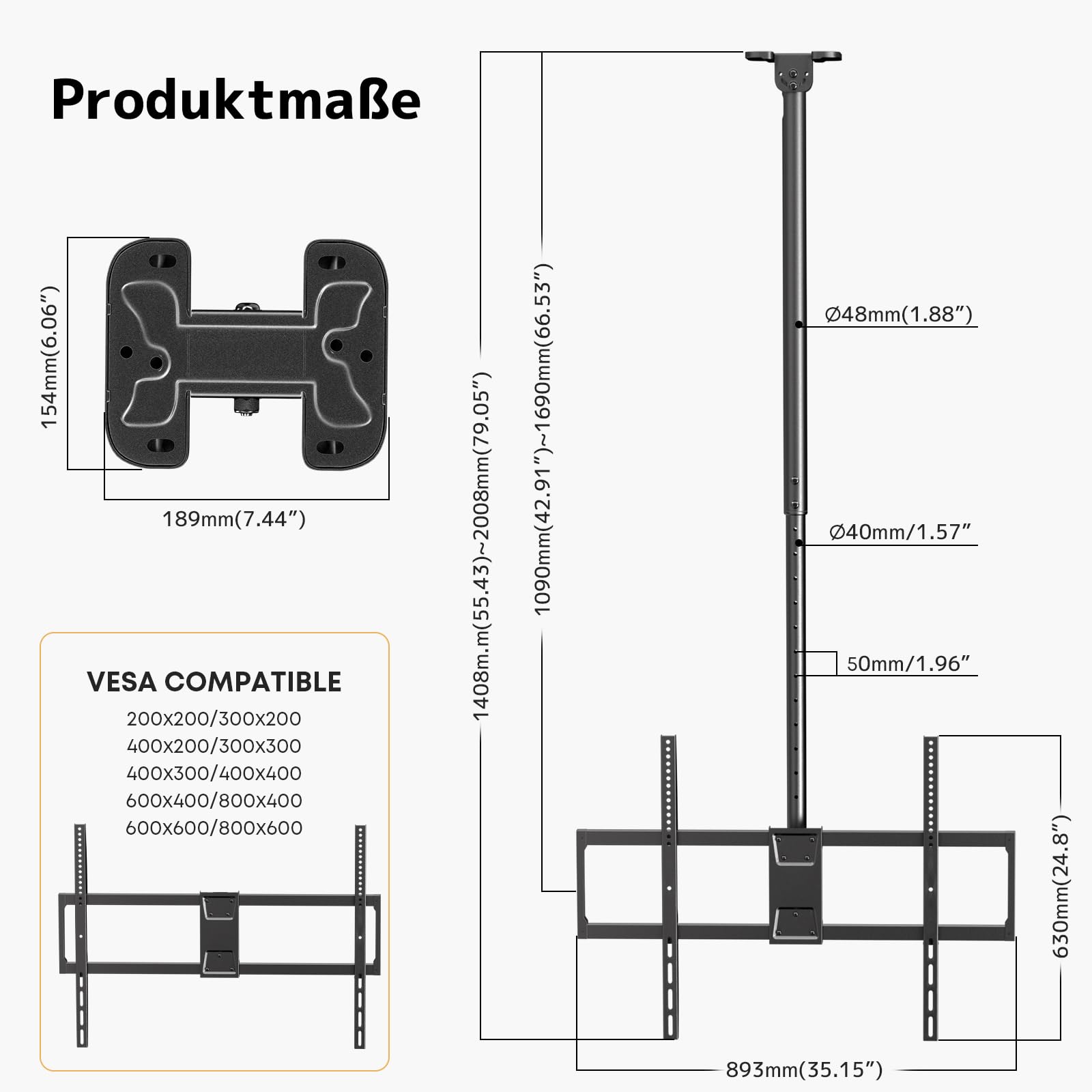TV Deckenhalterung für 50-100", 80 kg Tragkraft, VESA 800x600