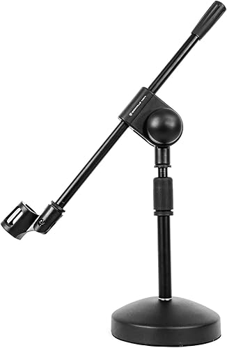 Rockville RDMS70 Soporte de micrófono de escritorio con pluma, base redonda de acero, altura ajustable, cuello de cisne flexible, diseño estable,