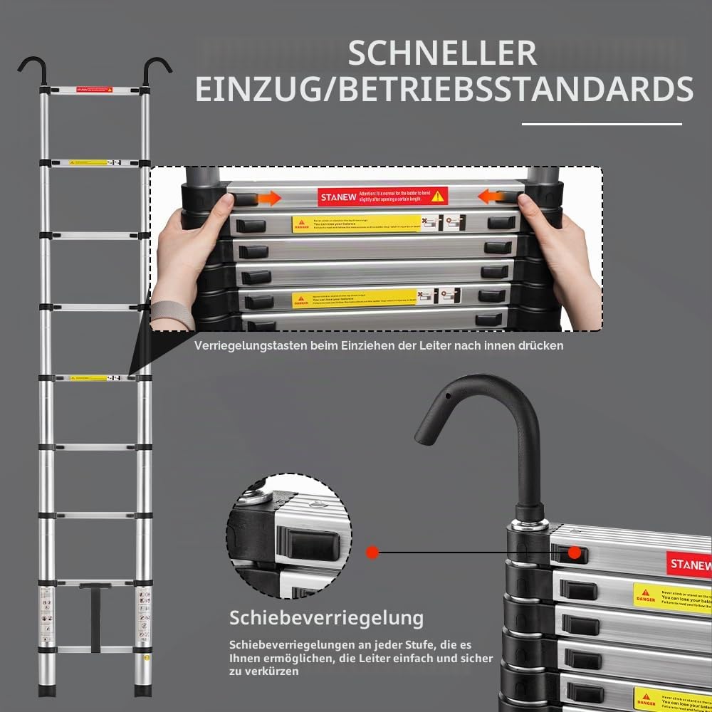 STANEW Teleskopleiter Aluminium 2,6m,Rutschfester Klappleiter Stehleiter Mehrzweckleiter, Abnehmbare Armlehne, Ausziehbare Leiter, Multifunktional Ladder, Maximale Belastbarkeit 150 kg