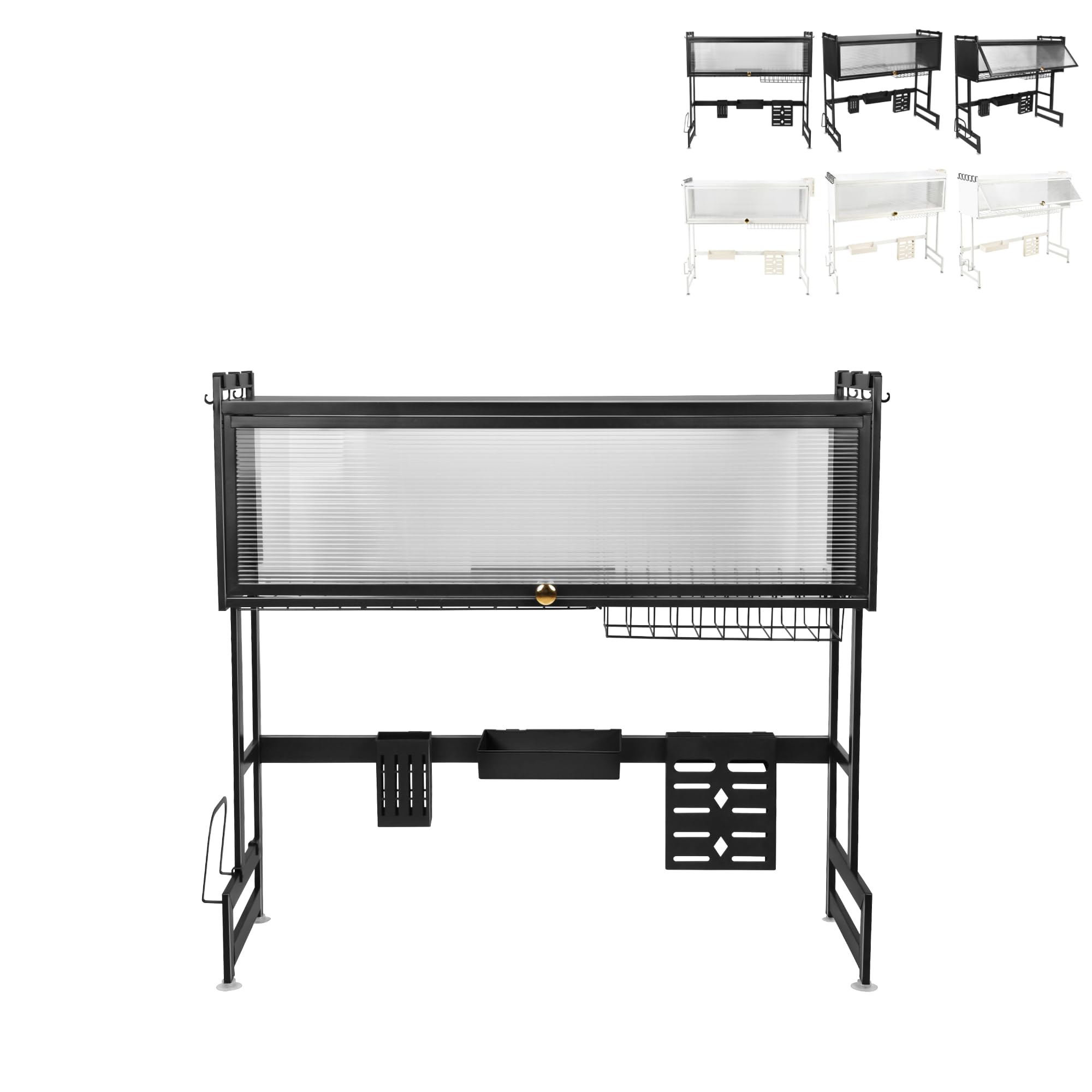 3 niveles escurridor de platos encima del fregadero, escurridor de vajilla con 6 ganchos, organizador encimera de cocina, secador de platos de secado rápido (negro 75 x 28 x 77 cm)