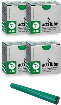 actiTube Kogu Set Slim Activated Carbon Filter 7.1 mm 200 Pieces 4 Packs of 50 Filter Tips - Includes Case