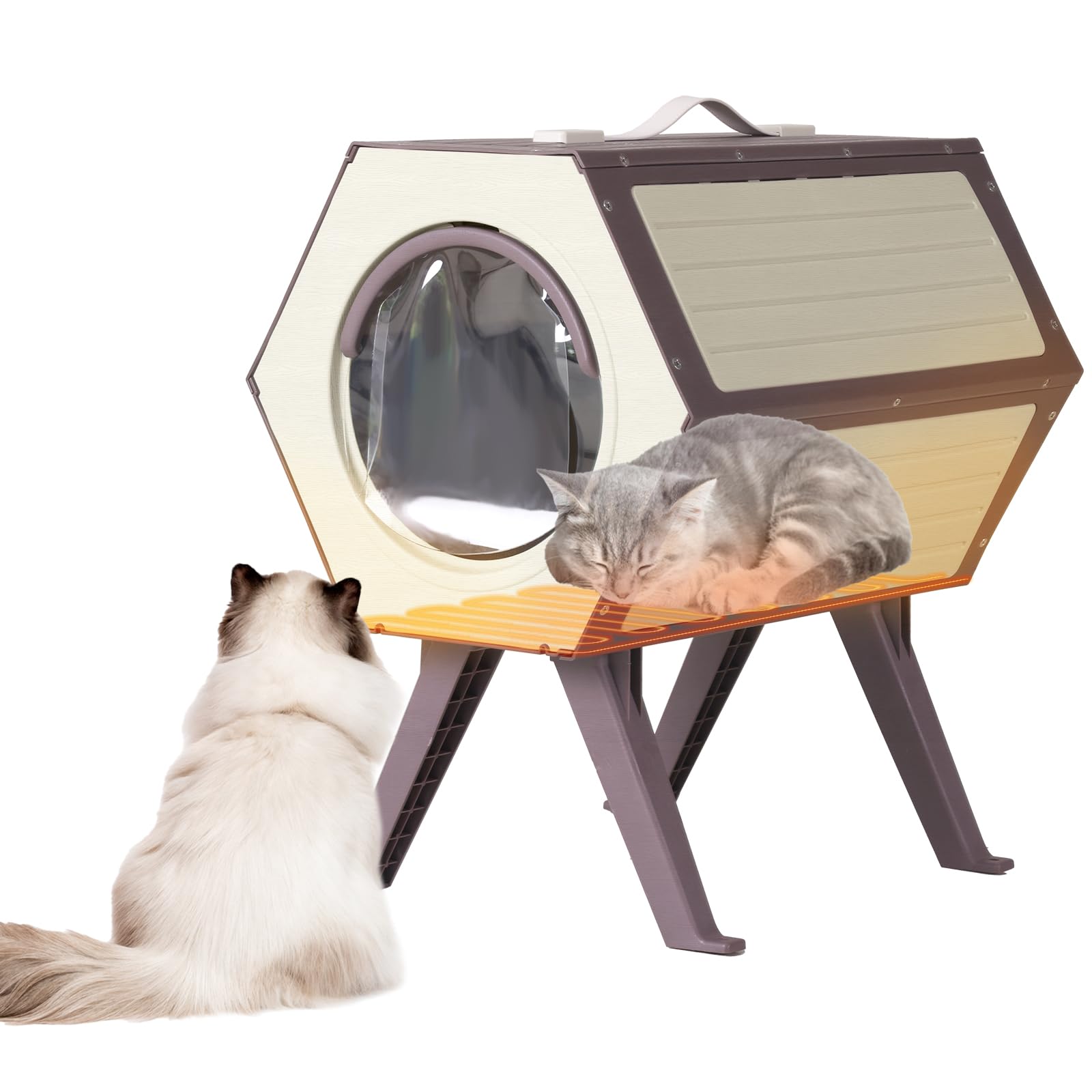 Heated Cat House for Outdoor Winter,Combined Adjustable Cat Condo, Insulated Outdoor or Indoor Cat Shelter for Feral with Escape Door (White and Brown, 1 Set)