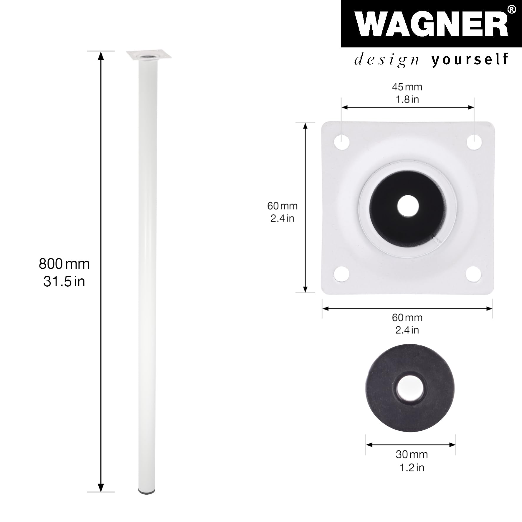 WAGNER Classic Retro 12168001 Furniture Leg Diameter 30 x 800 mm Integrated Mounting Plate 60 x 60 mm Internal Thread Diameter 10 mm - Image 2