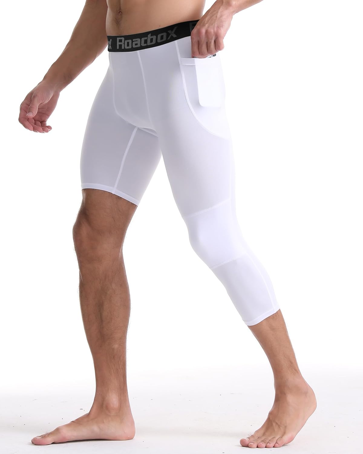Roadbox Men's One Leg Compression Pants 3/4 Basketball Football Tights Leggings with Pockets, Capri Sports Athletic Underwear - Image 2