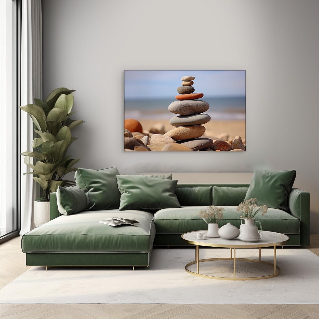 Canvas for Living room. Balancing Serenity: Unveiling Harmony in a Beachside Stone Stack Against the Ocean's Infinity, 27 x 18 inch Canvas Wall Art - Ready to Hang