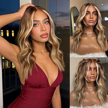 Ombre Golden Blonde with Brown Streaks HD Transparent Lace Front Wig Glueless Synthetic Hair Pre plucked Natural Hairline Suitable for Daily Wear