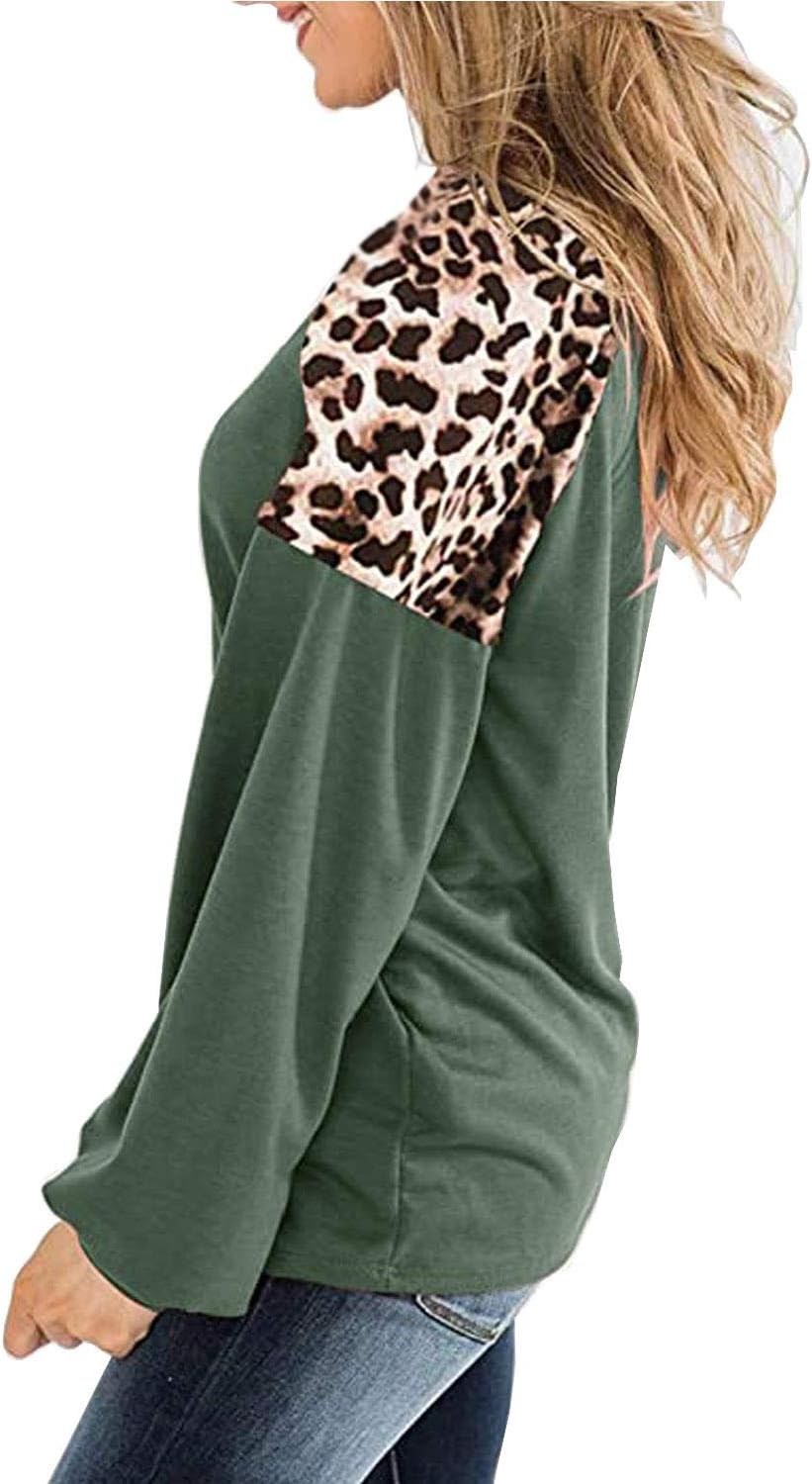 Womens Leopard Print Long Sleeve Shirts Fall Casual Crewneck Color Block Tops Sweatshirts - Image 2