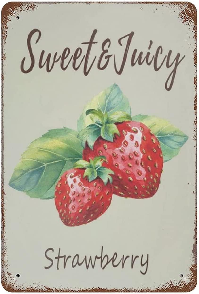 rayprint Juicy Strawberry Metal Sign Vintage Iron Painting for Indoor Outdoor Home Bar Coffee Kitchen Wall Decor Tin Poster Retro Plaque For Garage Bar Cafe 8x12inch