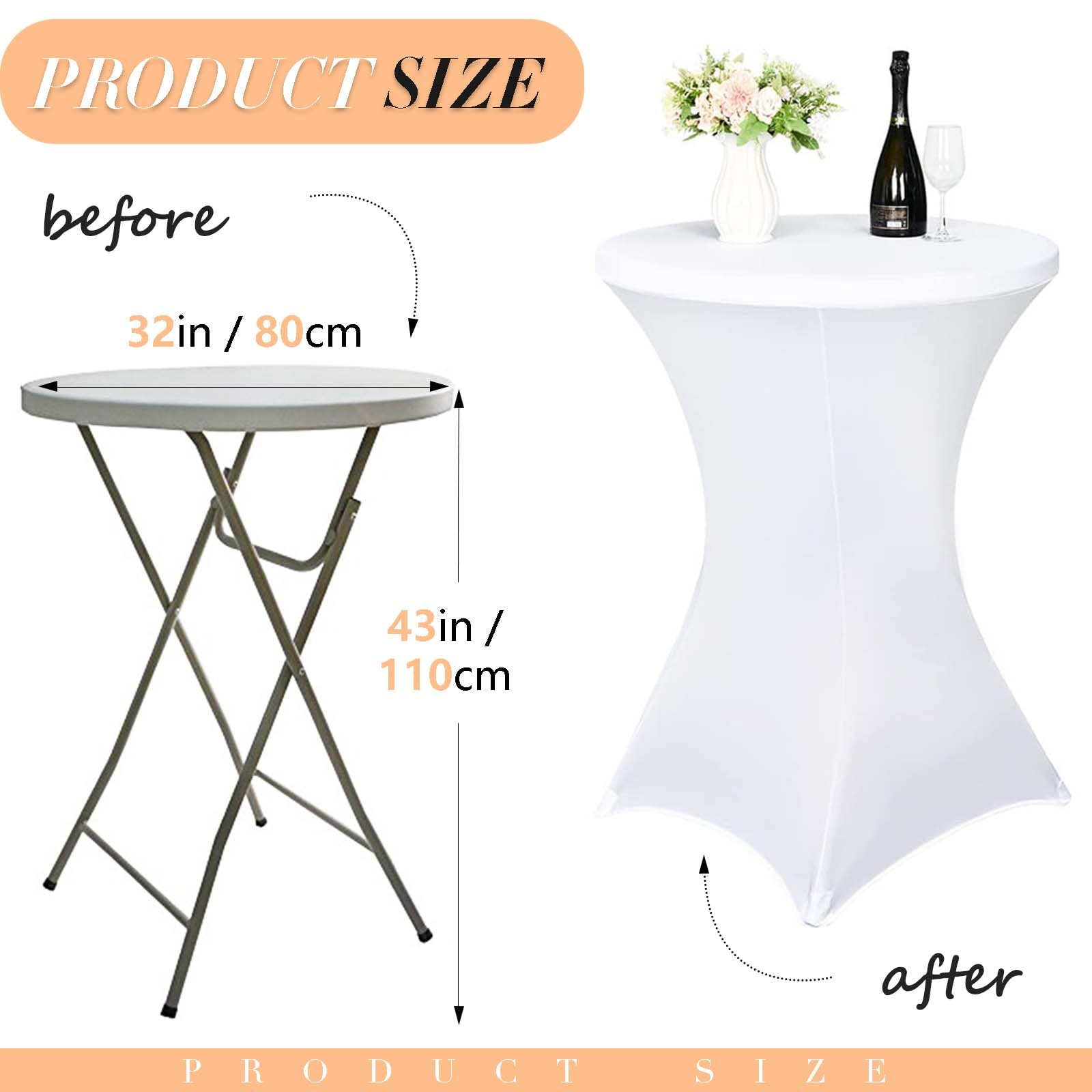 Juego de 6 manteles elásticos Blancos para mesas Redondas de Bar de 80-85 cm de diámetro, manteles de cóctel para Bodas y Banquetes (80 x 110 cm)