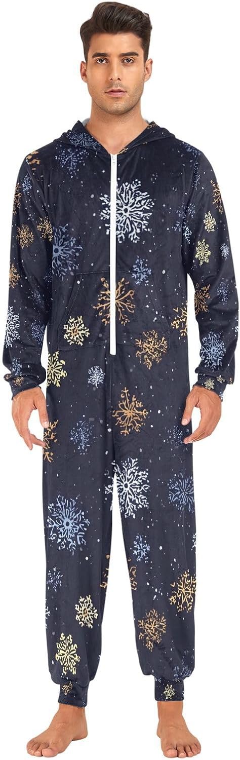 Golden Snowflakes Dark Blue White Adult Onesie Pajamas for Unisex Novelty One Piece Costume Sleepwear