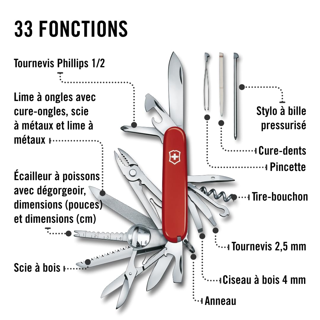 Victorinox Swiss Champ, Swiss Army Knife, Couteau de Poche Suisse, Léger, Multitool, 33 Fonctions, Lame, Ciseaux, Tire Bouchon, Rouge