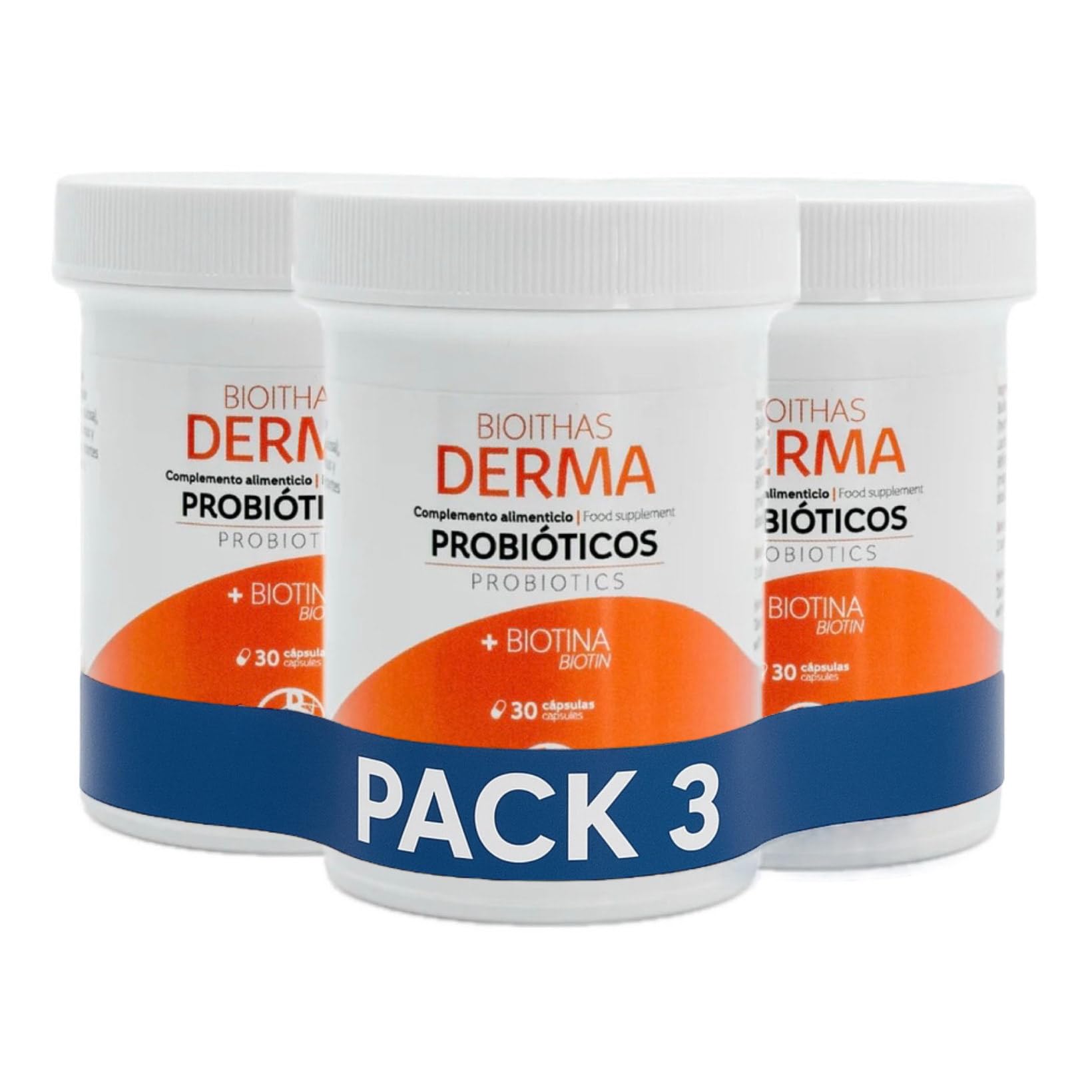 DERMA - Probiotico para el Cuidado de la Piel - [ Dermatitis | Psoriasis | Rosácea] Probióticos y Biotina para el Cuidado de la PIEL - Pack de 3 Envases de 30 Cápsulas