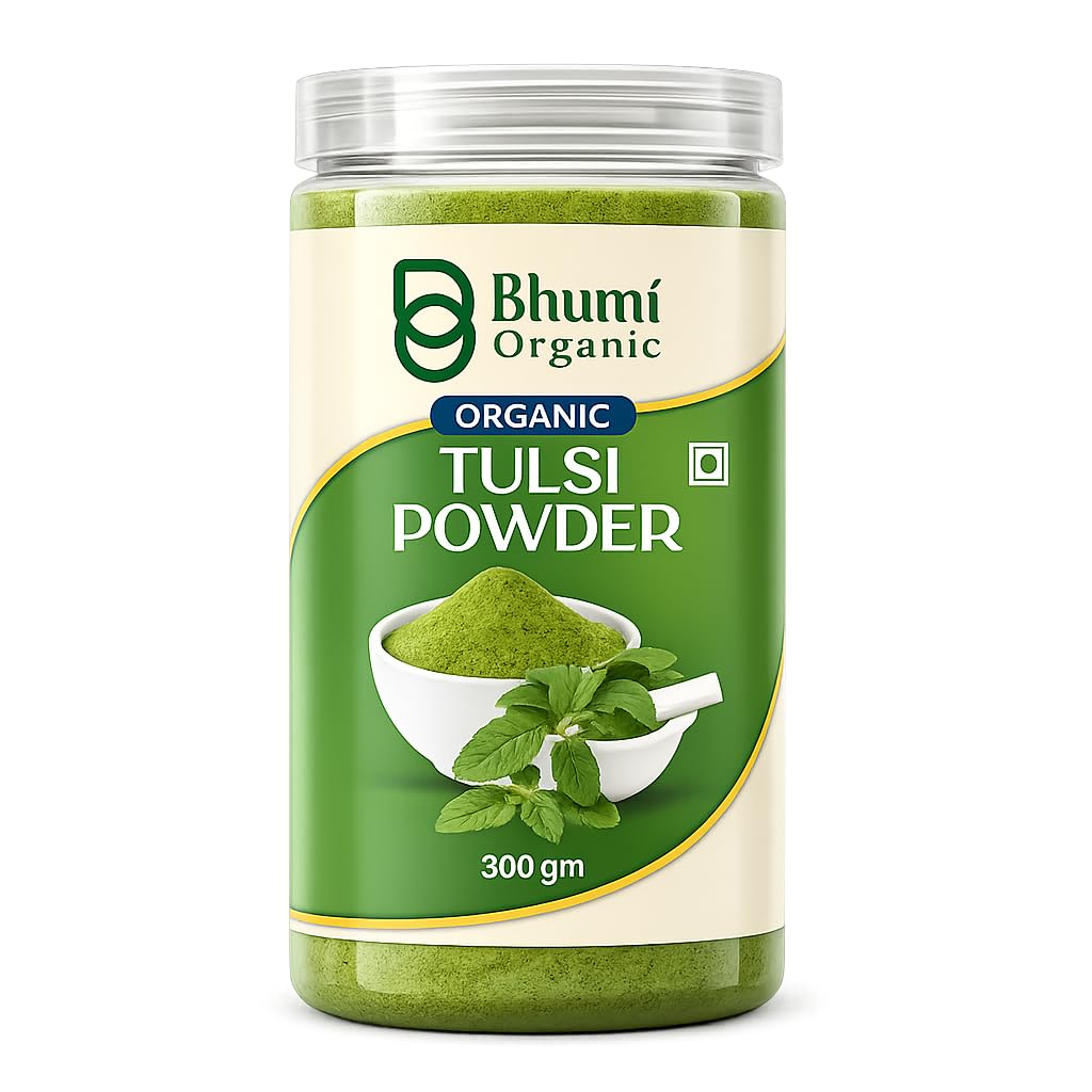 Bhumi Organic Tulsi Leaves Powder (300g) | Holy Basil for Immunity, Skin & Hair, Non-GMO, No Preservatives, Thulasi Podi/Tulasi Hudi
