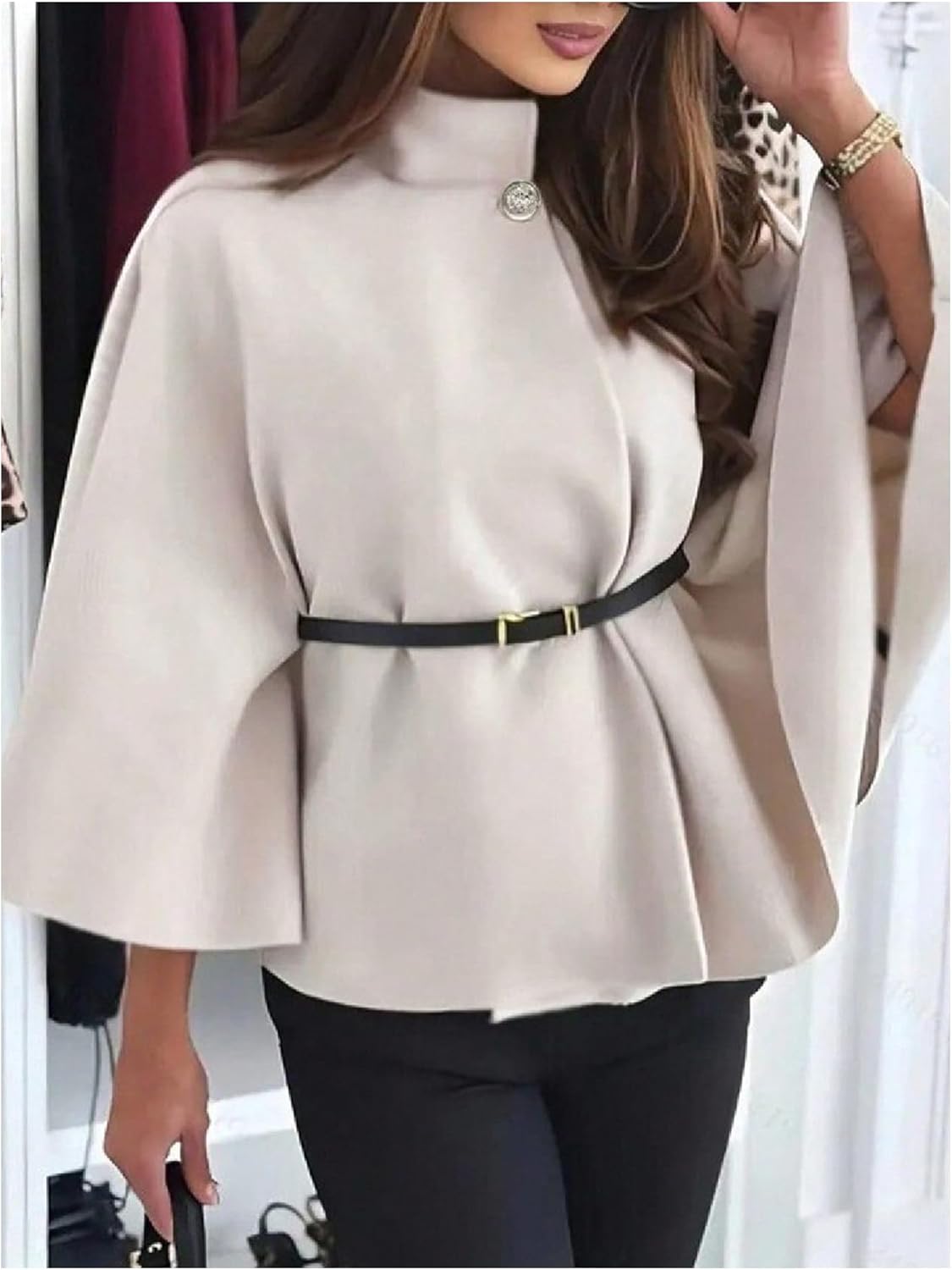 MakeMeChic Women's Poncho Pea Cape Coat Mock Neck 3/4 Sleeve Belted Business Jacket Outerwear - Image 2