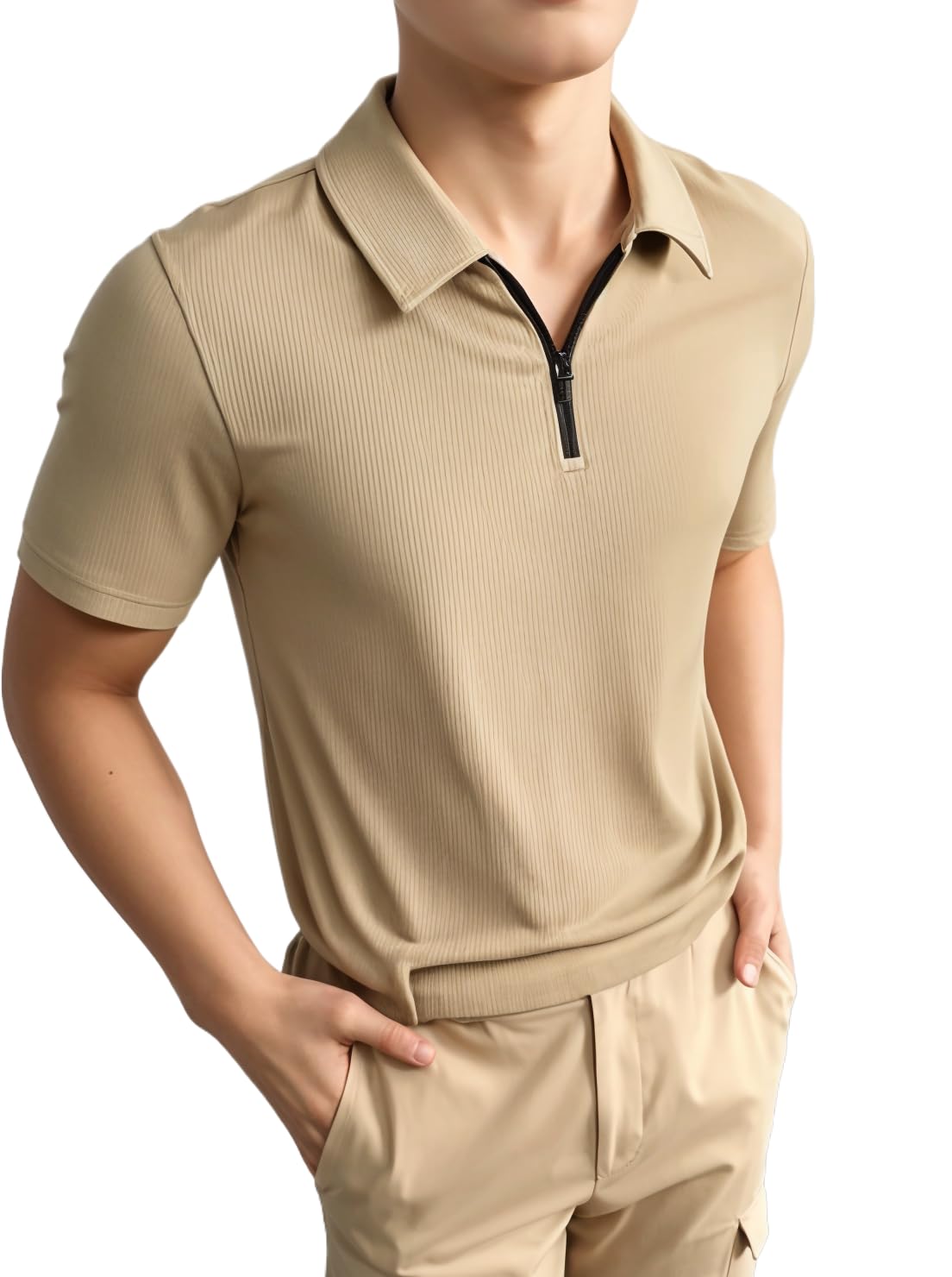 Ribbed |Regular Fit | Half Sleeves 100% Cotton Polo Neck Self Design with Zip T-Shirt for Men-M764-picture-45
