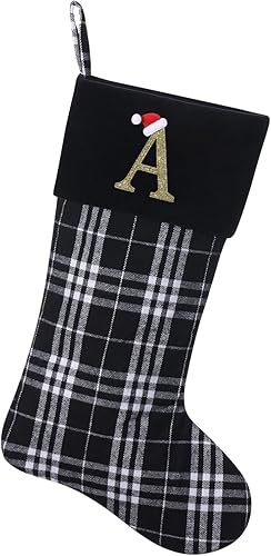 Yehnois Calcetines de Navidad personalizados con monograma inicial, adornos colgantes, medias clásicas de cuadros negros de 19 pulgadas,