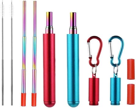 RZJZGZ 2 Pack Telescopic Reusable Straw, Collapsible Stainless Steel Straws, Portable Metal Drinking Straws with Aluminum Key-Ring Case & Cleaning Brush for Travel, Home, Work Red and Blue