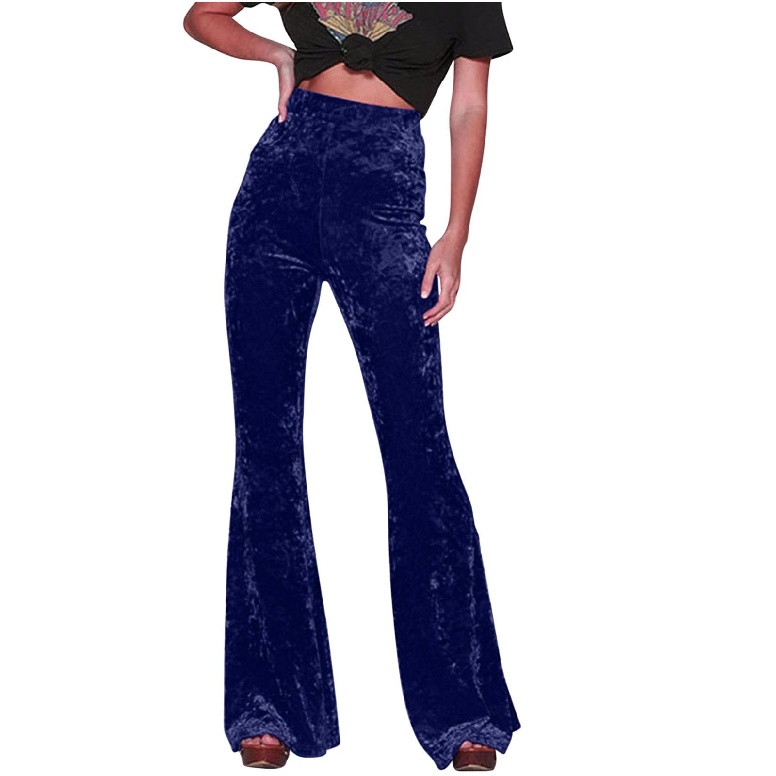 Akklian Womens Velvet Elastic Waist Flare Leg Palazzo Long Pants Stretchy Slim Bell Bottom Trousers Palazzo Casual Pants