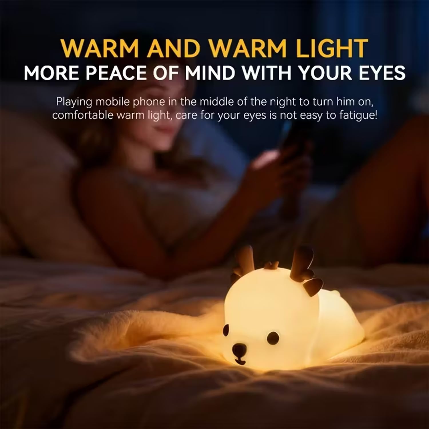 Luce notturna a LED per bambini Cervo Lampada da comodino Carina con 3 livelli di luminosità Luce silenziosa in silicone per neonati Lampada touch Ricarica USB Kawaii Luce camera da letto dei bambini