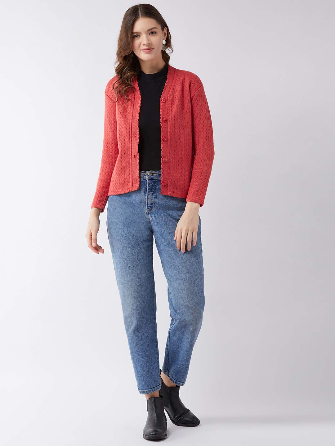Pivl Self Design V Neck Casual Women Sweater (X-Large, Peach) - Image 2 thumbnail