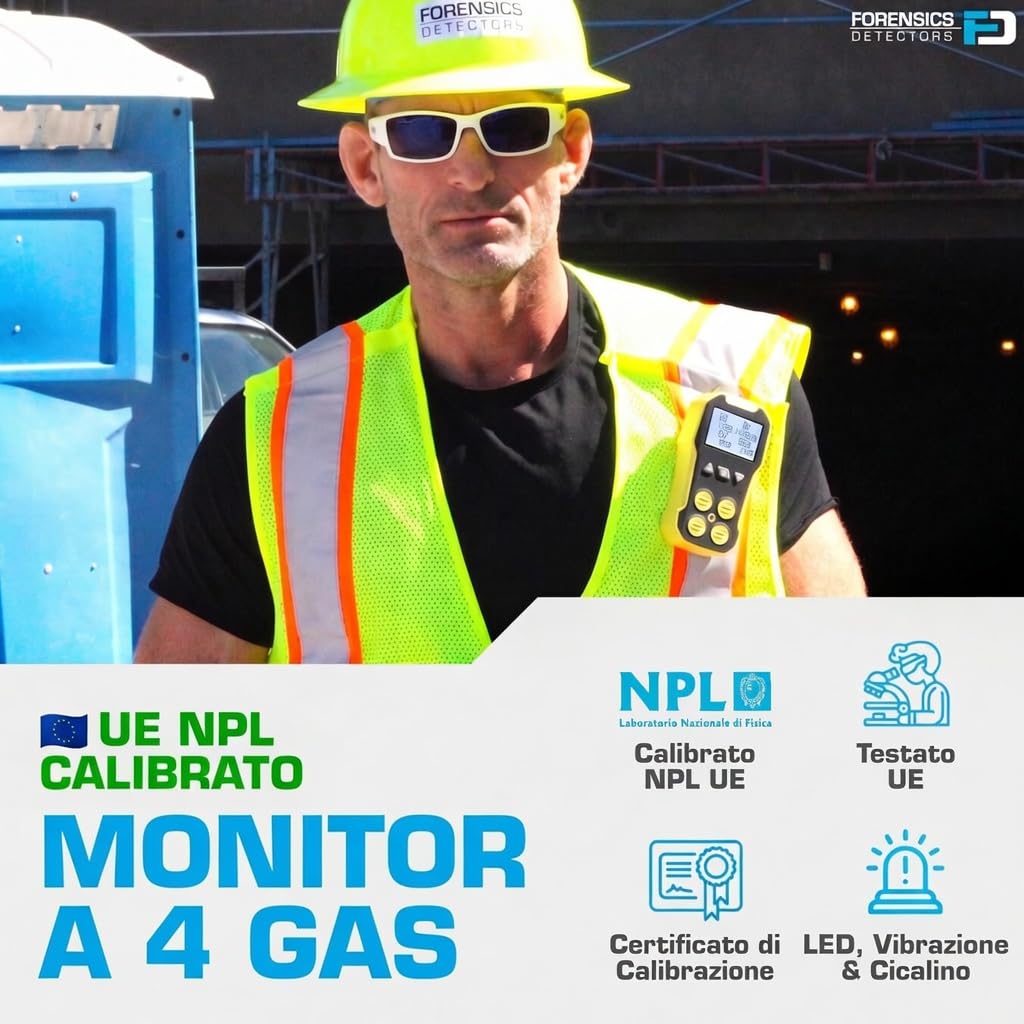 Rilevatore Multigas | Certificato di Calibrazione EU | O2, CO, H2S, LEL | Ricarica USB | Allarmi Sonori, Luminosi e a Vibrazione |
