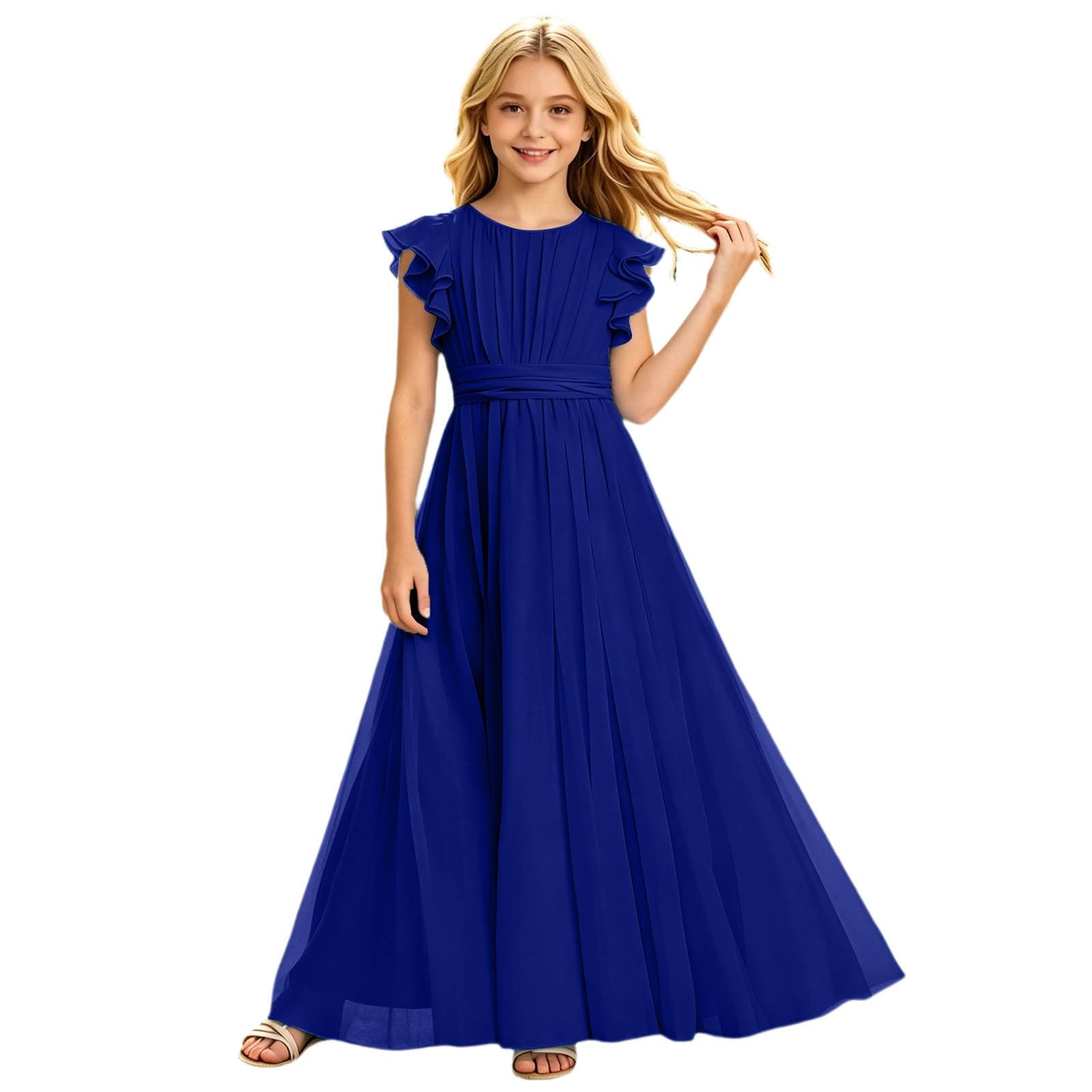 Festliches Kleid MäDchen - Chiffonkleid für sommerliches Festoutfit weich fließend Kleinkind elegantes Abendkleid rundes Dekolleté ausgestellt geschnitten bequeme Party-Tunika für den Alltag