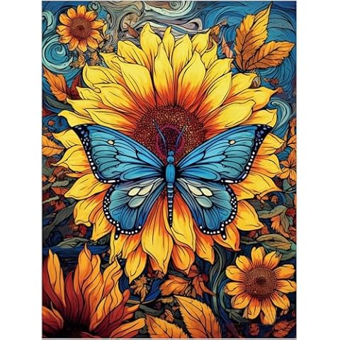 Maripabon 5D Sunflowers Painting by Numbers Kits for Adults Butterfly DIY Round Diamond Art Kits Animals Flowers Picture Art for Home Wall Decor,11.8x15.7 inch (Style I) Cover