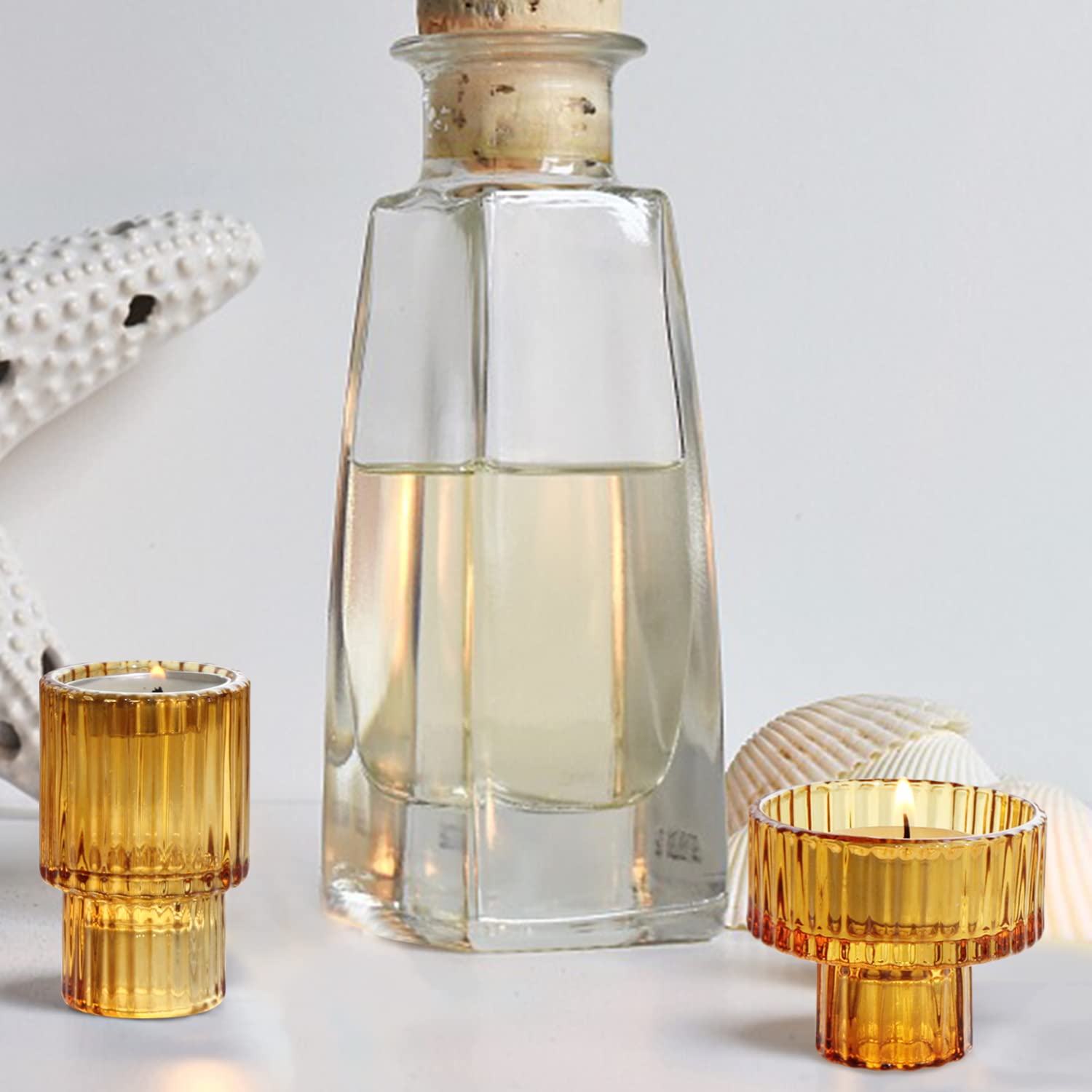 HofferRuffer szklany świecznik 2-w-1 na świeczki tealight, świecznik na świece stożkowe do obiadu, ślubu, wakacji, urodzin, dekoracji domu, Bożego Narodzenia (6 szt. bursztyn)
