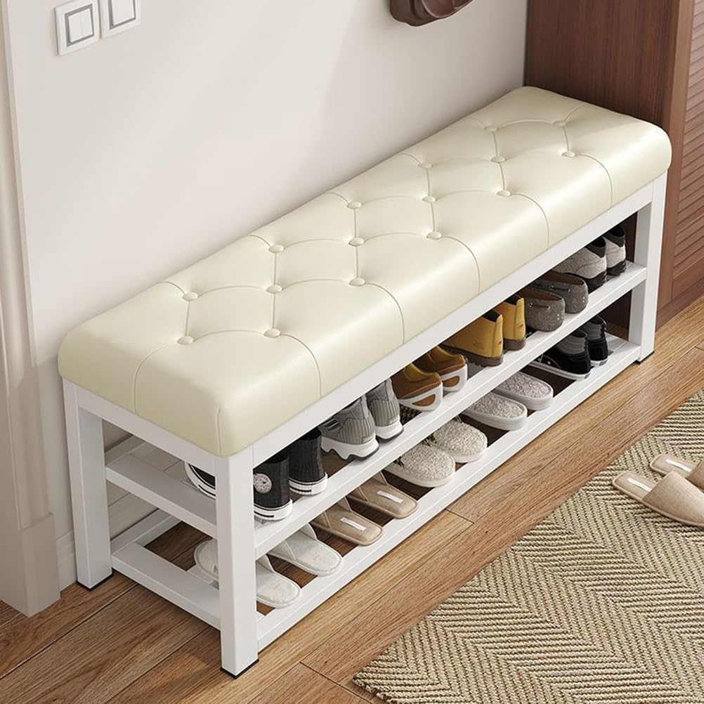 Banc de rangement à chaussures pour couloir et chambre avec assise beige